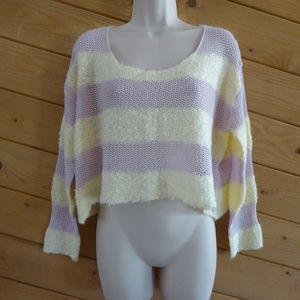 IORI Cream Light Purple Crop Linen Blend Relax Fit Open Knit Sweater NWOT Japan